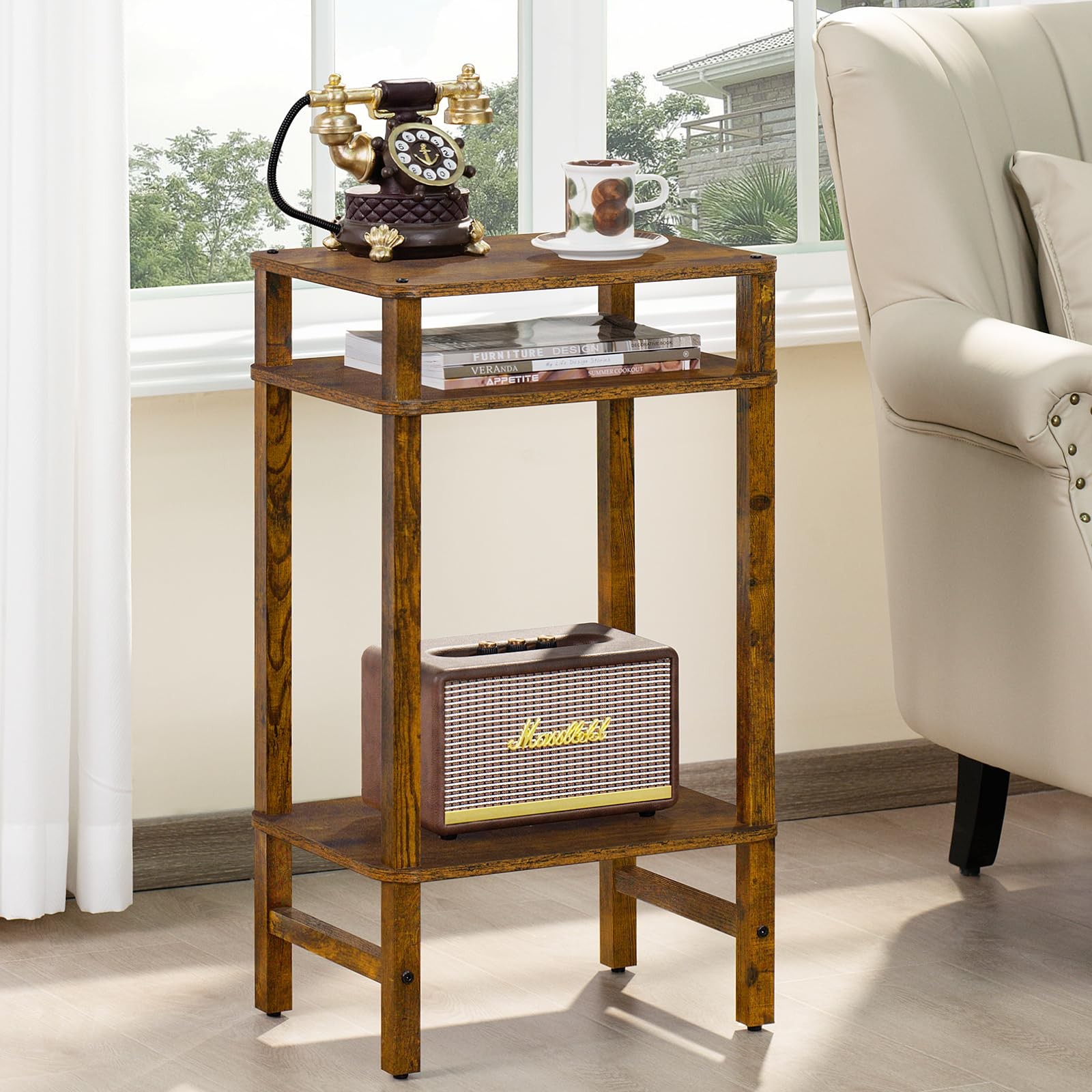 YUFAM Tall Side Table 3-Tier End Nightstand Brown Living Room Bedroom Office Fur