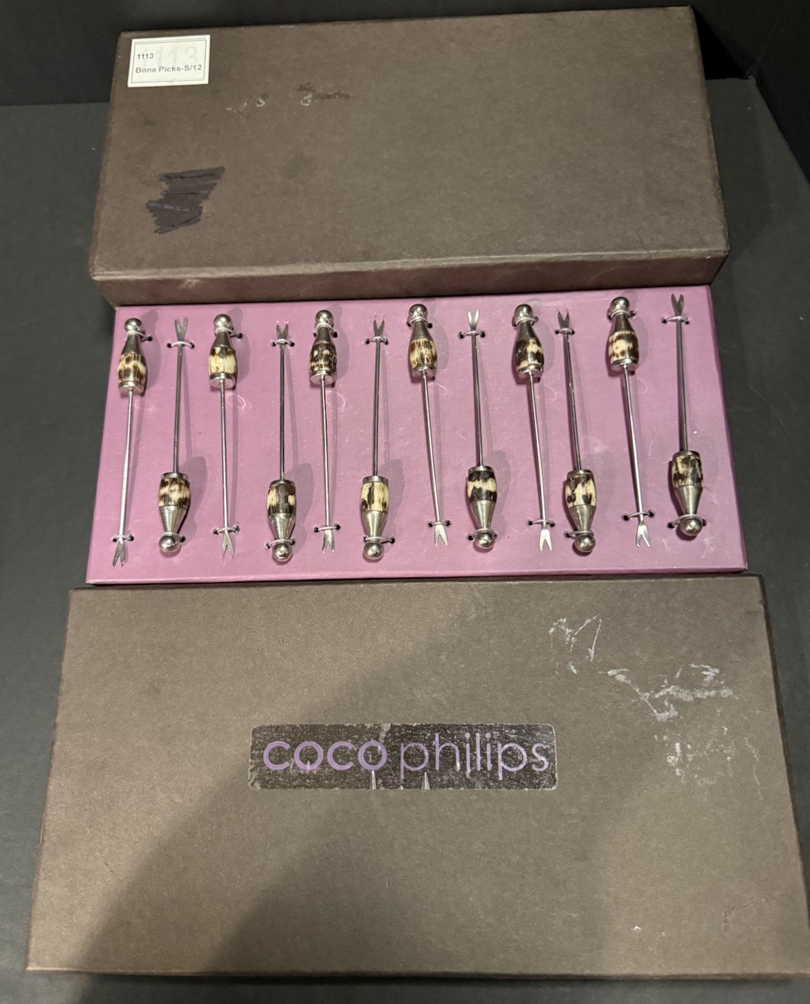 VTG ~ Coco Philips~ Cocktail Picks Silver-Tone Metal w/Bone Handles ~ Set of 12