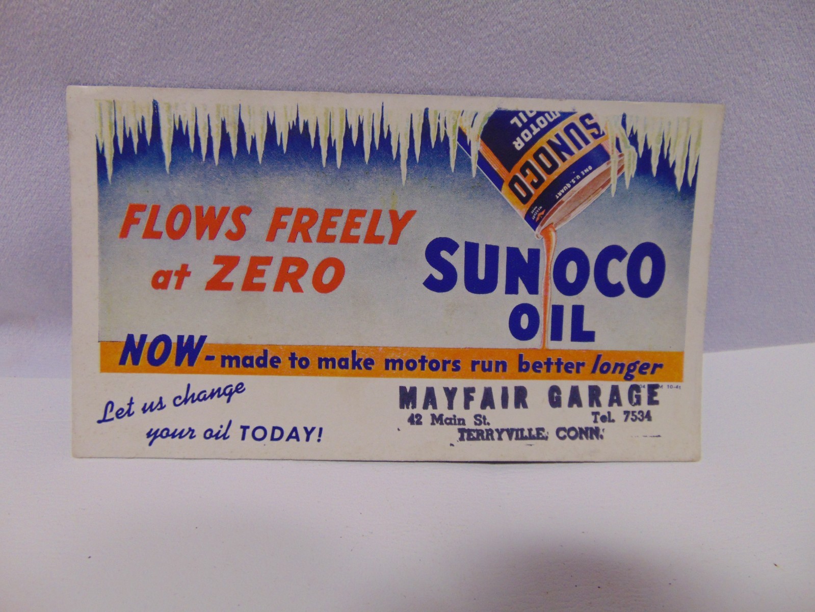 original 1941 Sunco Oil cardboard display sign Terryville, Connecticut 7" x 4"