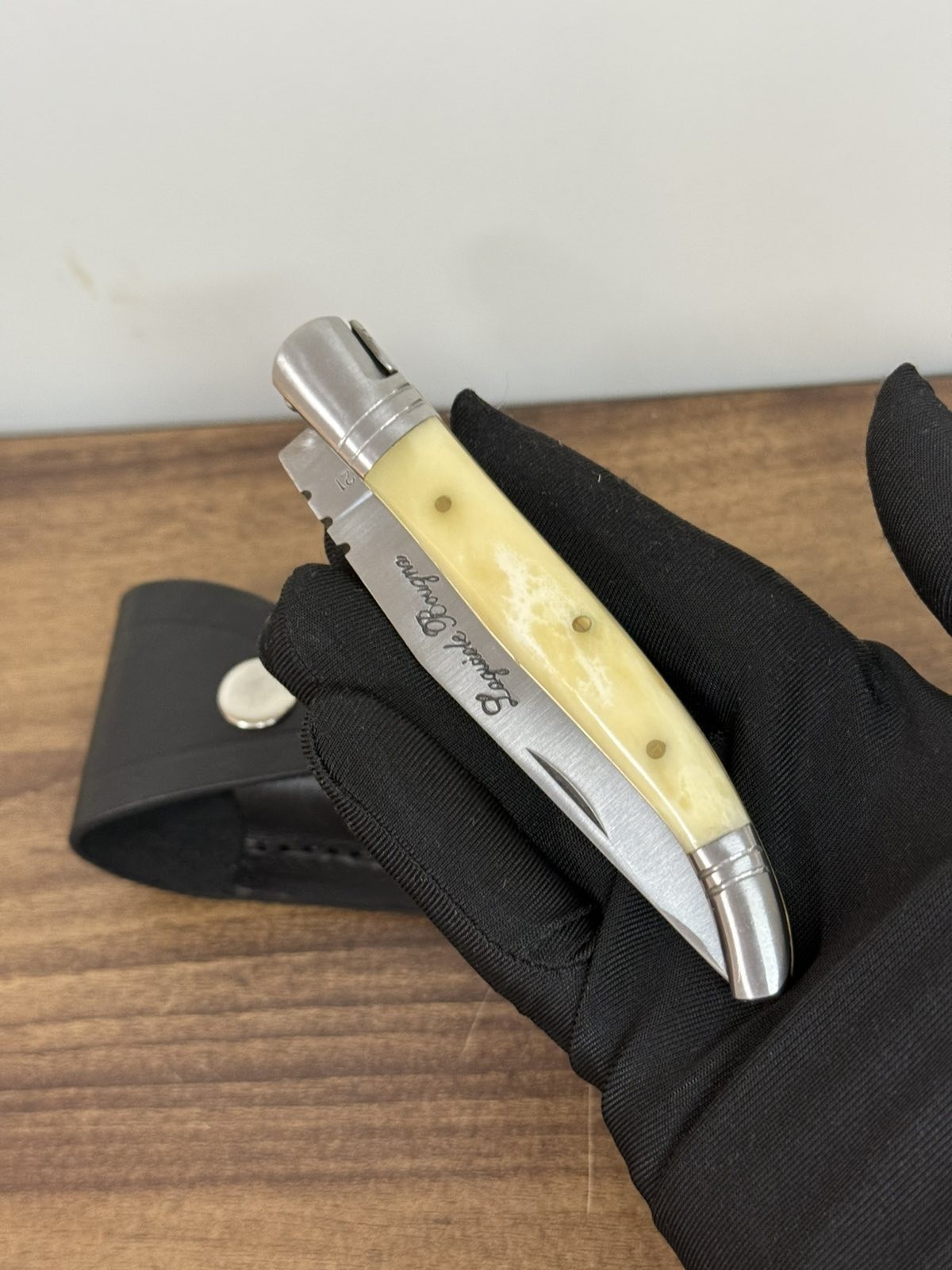 Vintage Laquiole Pocket Knife Blade Steel Antler Handle Leather Sheath Mens Rare