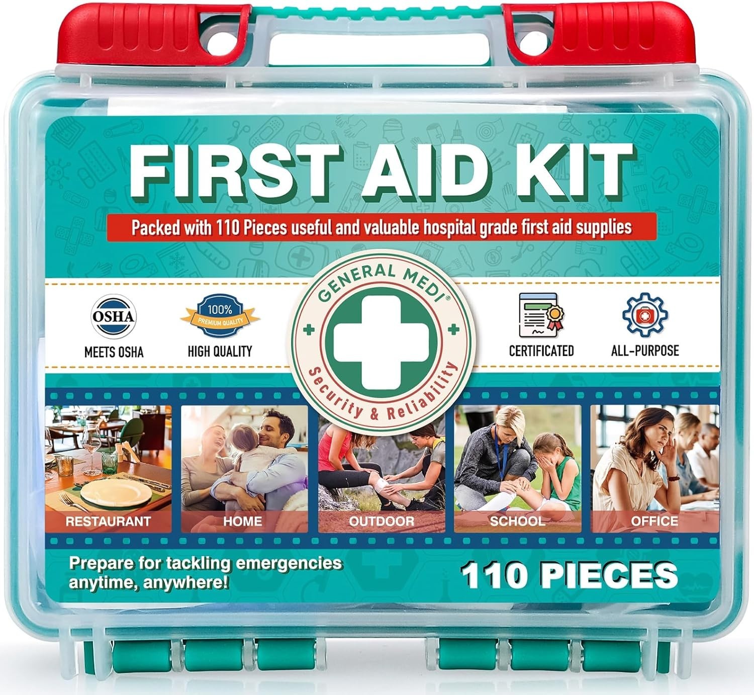 110 Pieces Small First Aid Kit - HardCase First Aid Box - Contains
