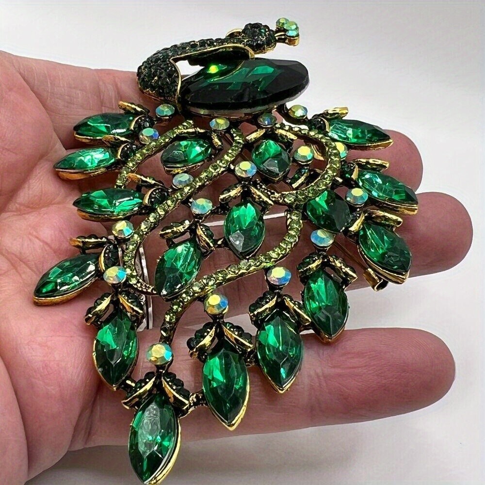 PEACOCK BROOCH Pin Pendant Green Navette Ab Rhinestone Bird Costume Jewelry