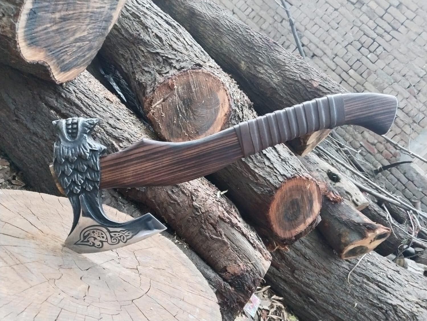 Custom Handmade Wolf Head Carbon Steel 19'' Viking Axe Working Bearded Hatchet