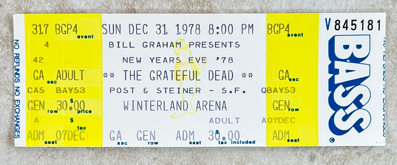 Grateful Dead - Unused Ticket NYE 1978 - Winterland 12/31/78 New Year's Eve
