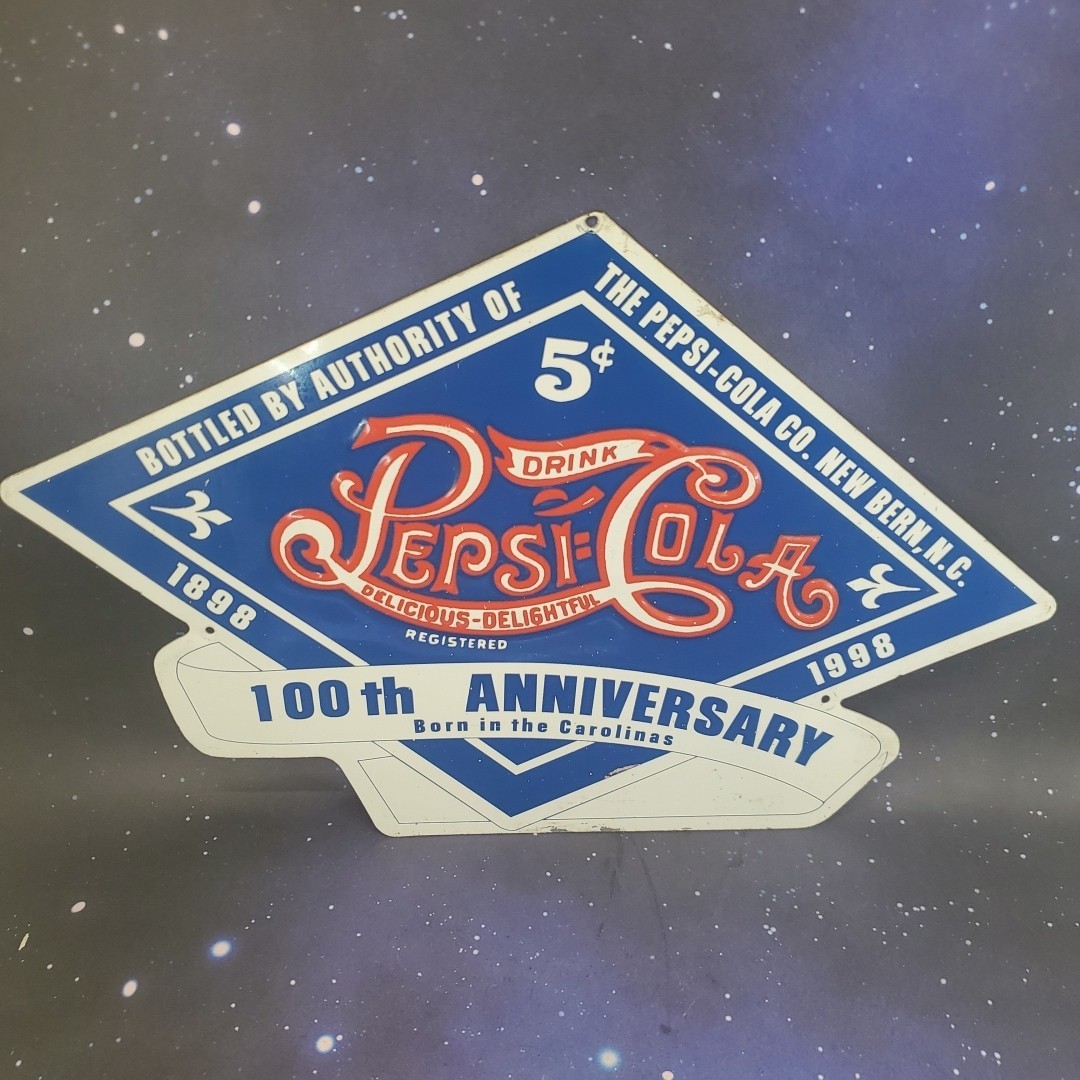 RARE Pepsi Cola Diecut Embossed Metal Sign 100th Anniversary New Bern NC 1998