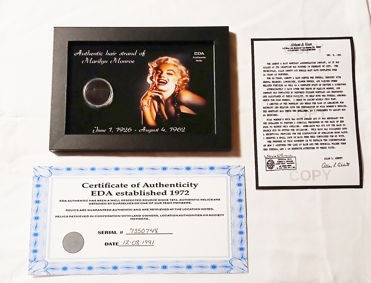 Authentic Marilyn Monroe Hair Strand Lock Relic Collectible With COA Norma Jeane