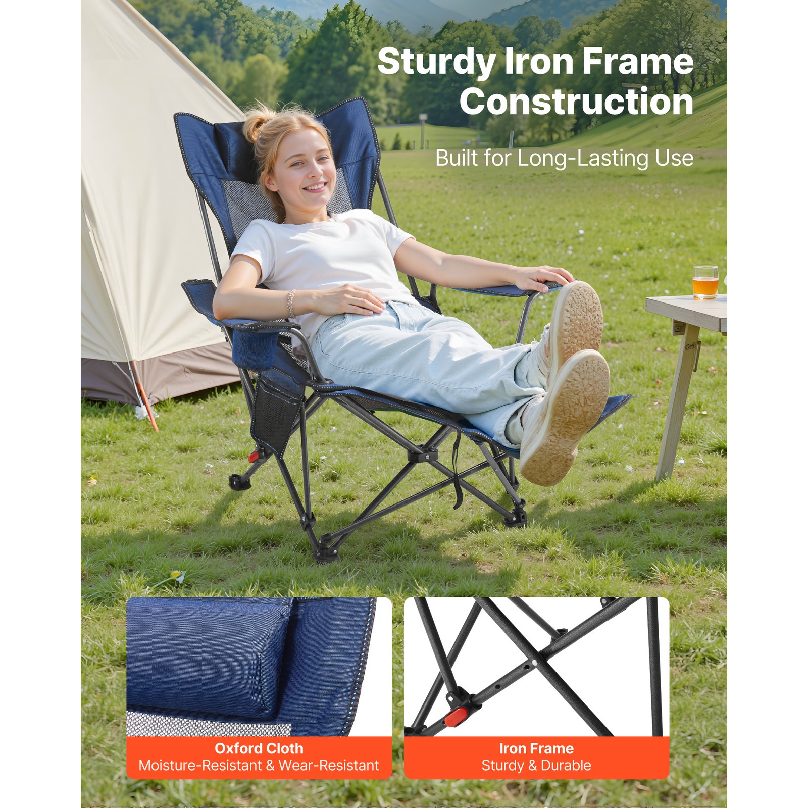 Uimoso Portable Folding Reclining Camping Chair for Adults, Heavy-Duty, Blue