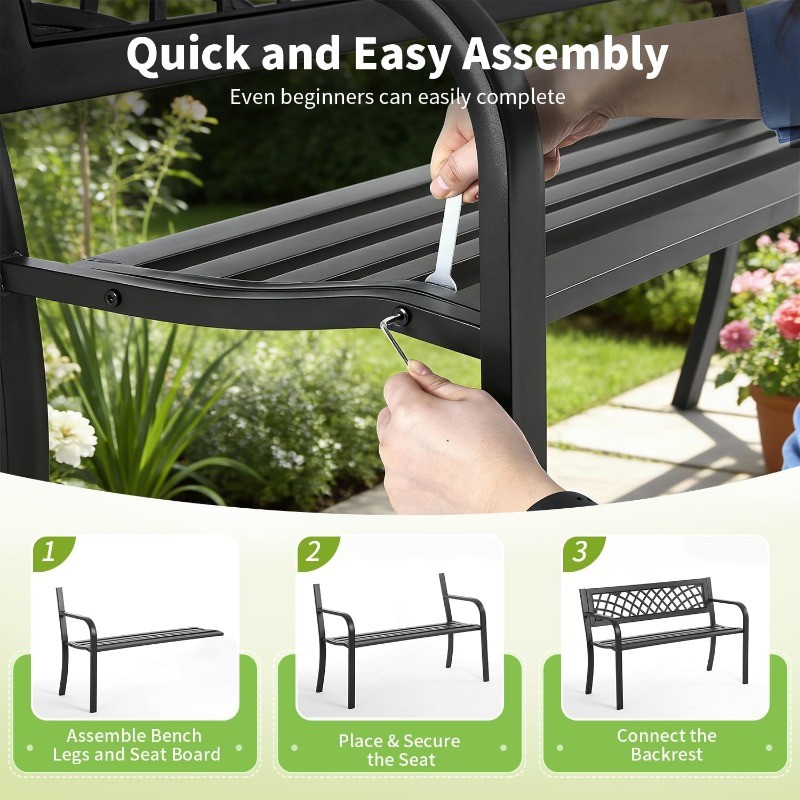 Garden Bench,Outdoor Benches,Iron Steel Frame Patio Bench