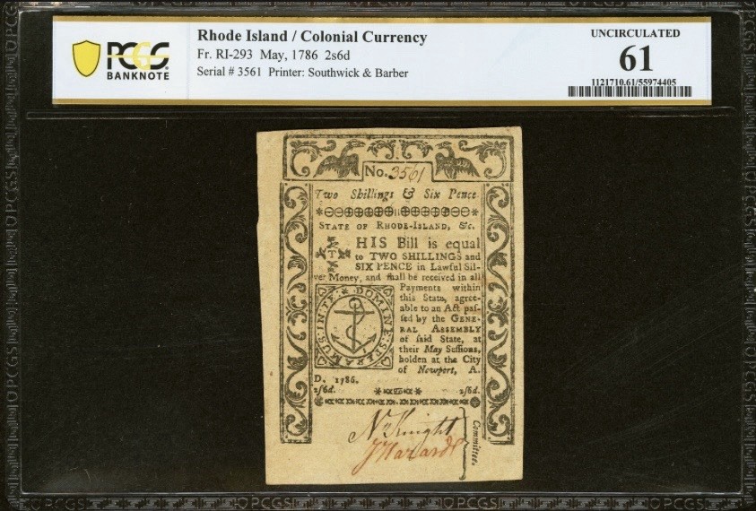 1786 RHODE ISLAND Colonial Currency American Revolution Bank Note RI-293 PCGS 61