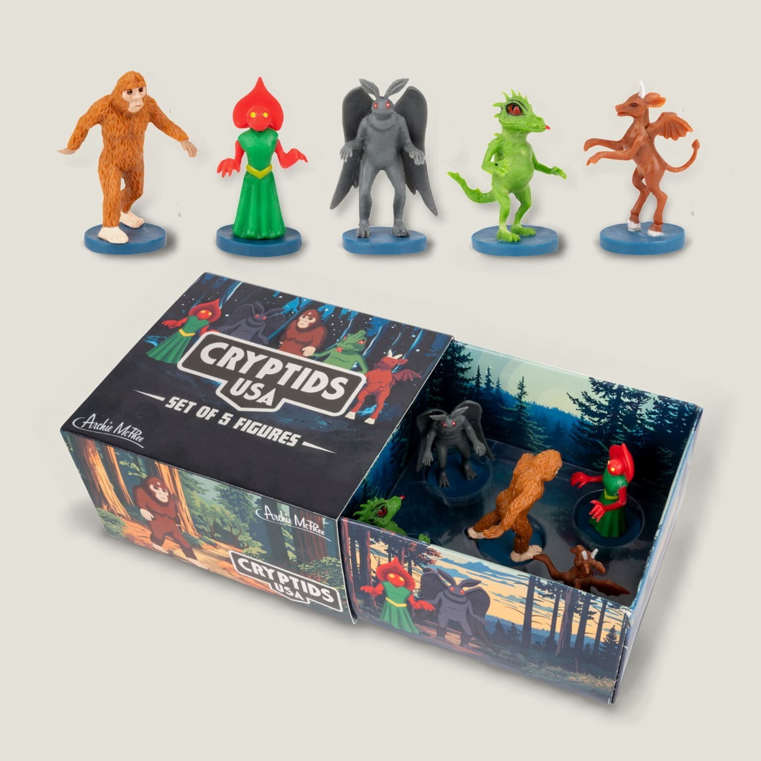 Mini Cryptid Box Set, Mothman, Bigfoot, Jersey Devil, Chupacabra, Flatwoods