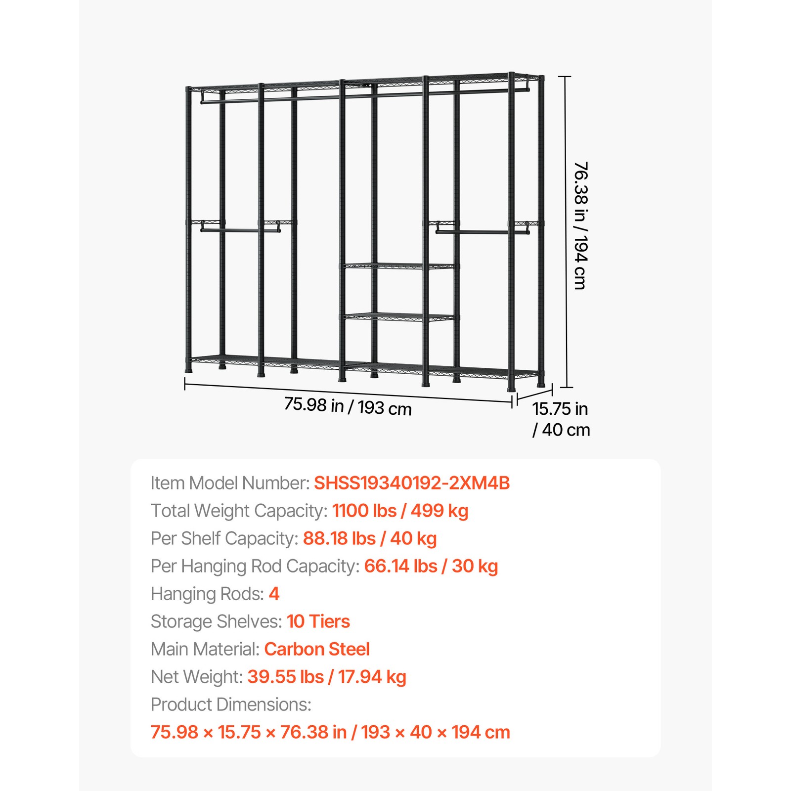 Uimoso Adjustable Height Garment Rack with 4 Hanging Rods for Clothes Storage