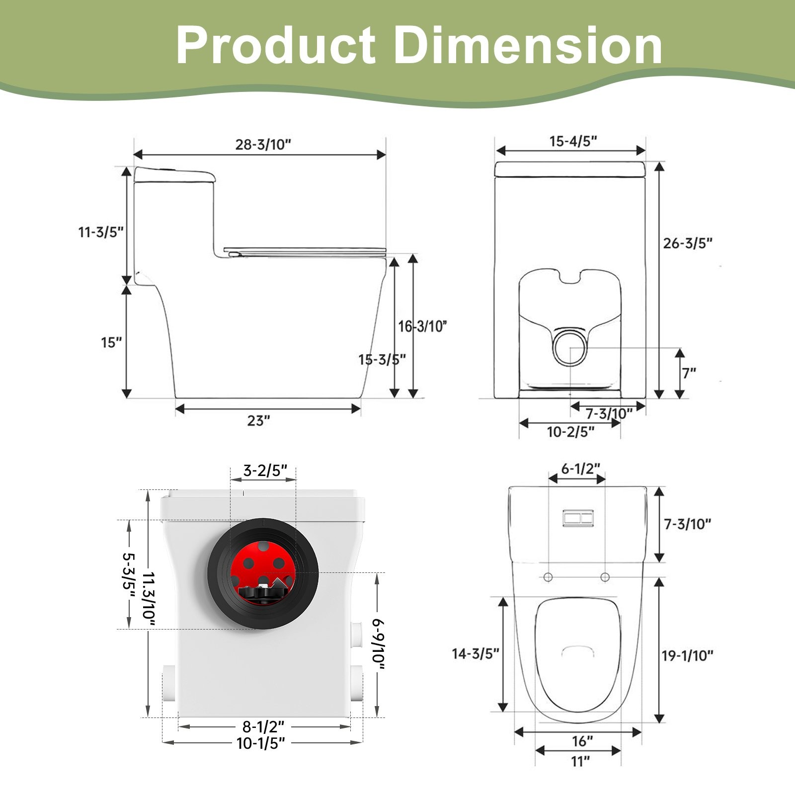 One Piece Macerating Toilet System with 600W Pump Upflush Toilet for Basement