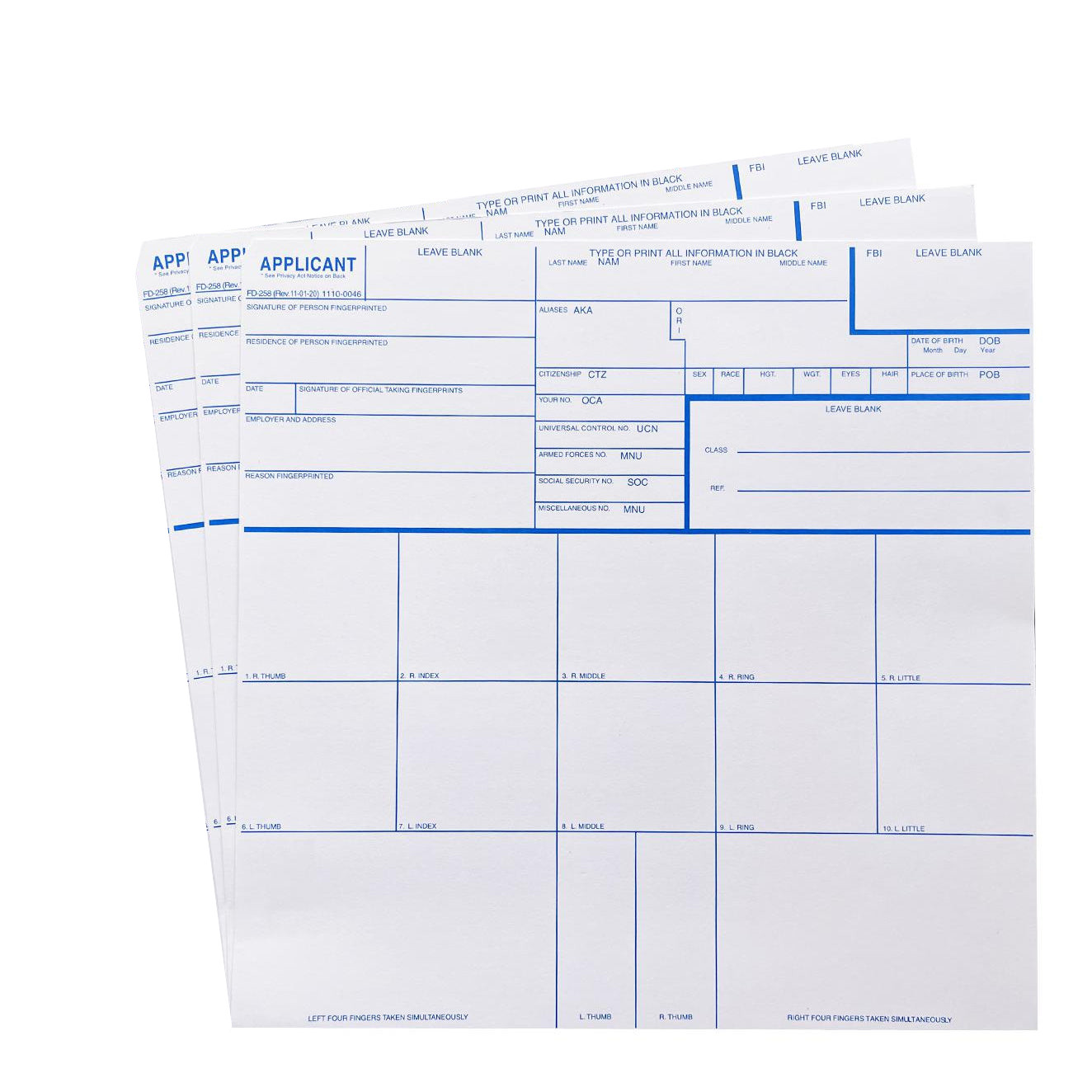 FBI Fingerprint Cards Form FD-258 3 pack