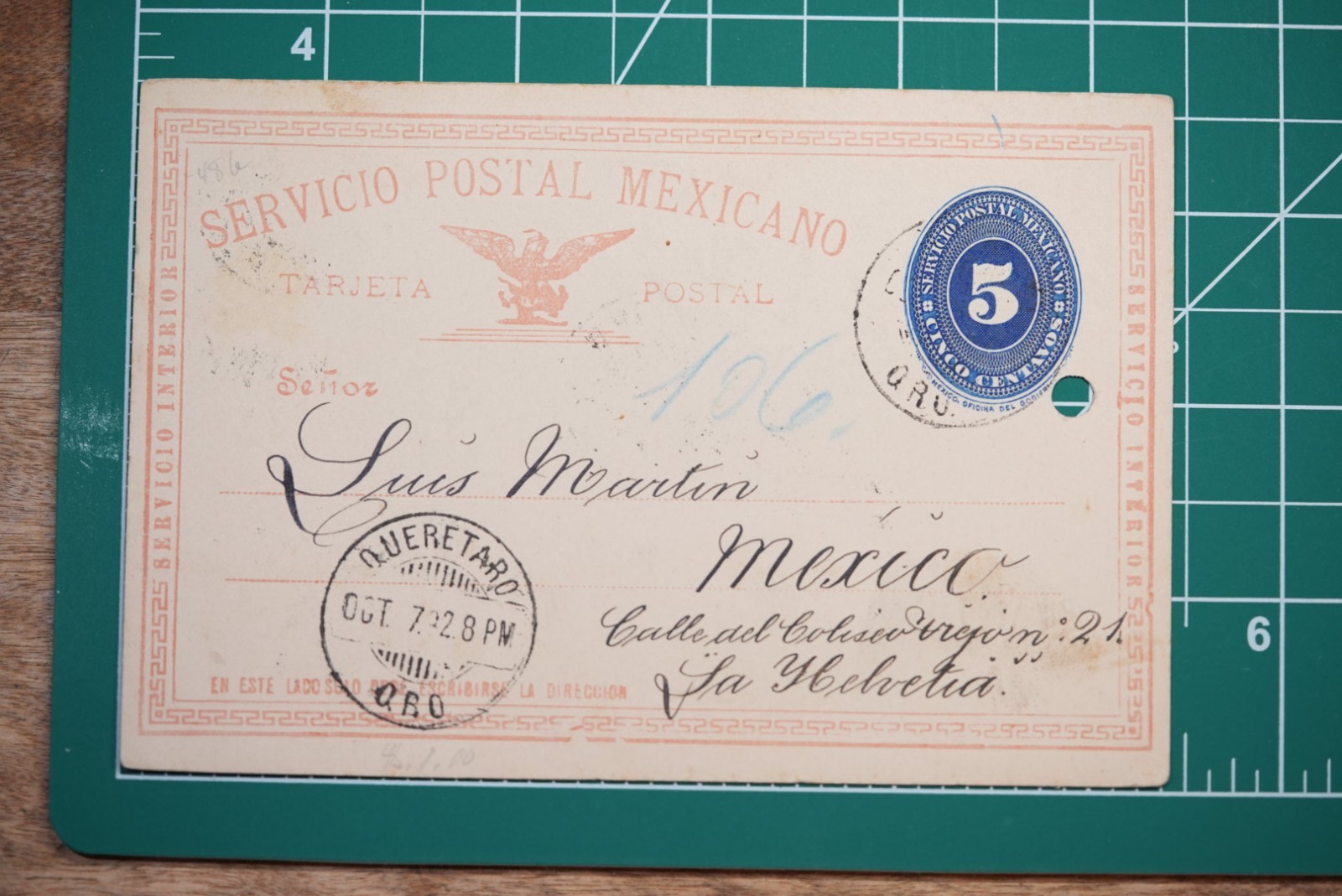 1892 Mexico 5c Blue Postal Card Querétaro to Mexico City Business Use