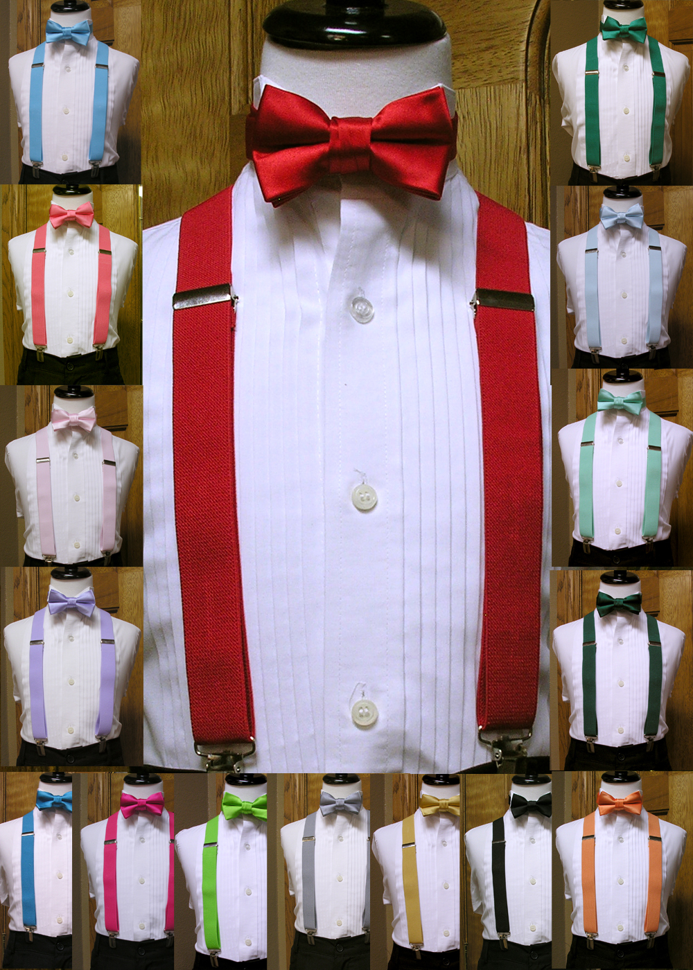 Boys Matching bowtie and suspenders set clip-on x back Black Coral Red Silver