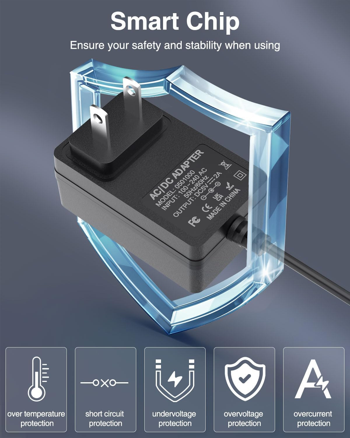 5V 2A Power Supply 5Volt 2Amp AC Adapter 100-240V DC 5V Power Cord 10FT with DC