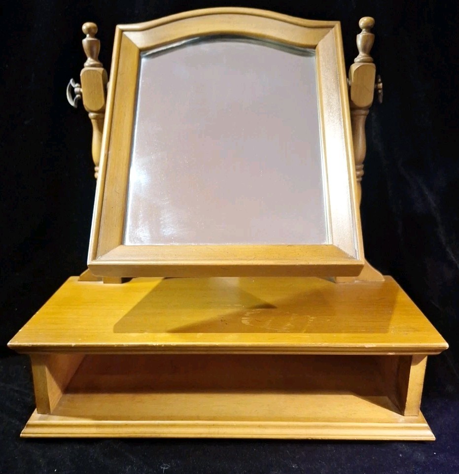 Antique Wood Tabletop Vanity Dressing Table Swivel Mirror with Storage Drawer
