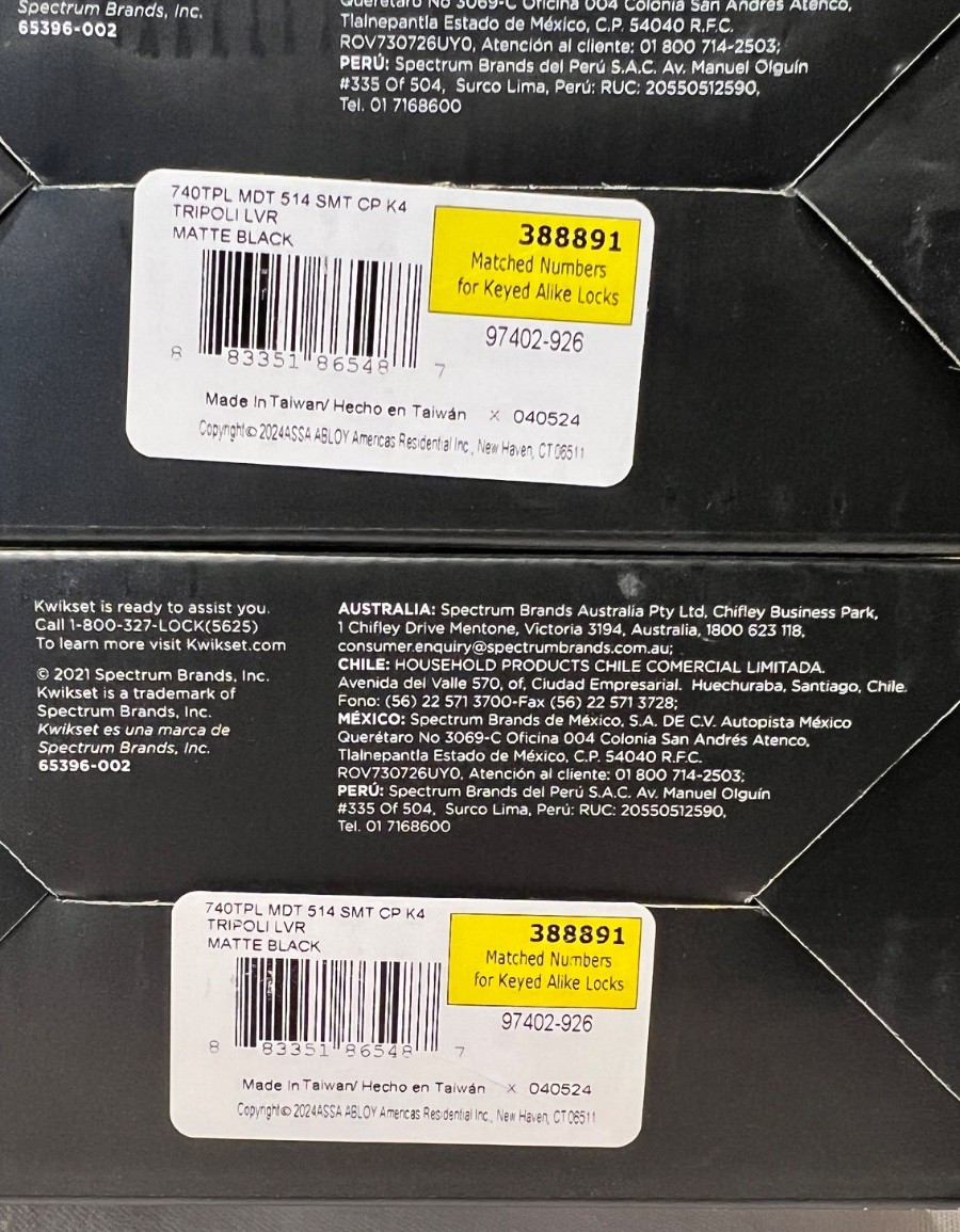 Kwikset Tripoli Matte Black Keyed Alike Entry Door Lever Lock Smartkey (Qty-2)