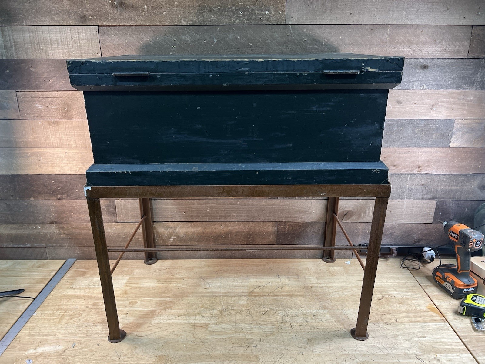 Vintage Large U.S. Steel Wooden Toolbox With Metal Base Stand