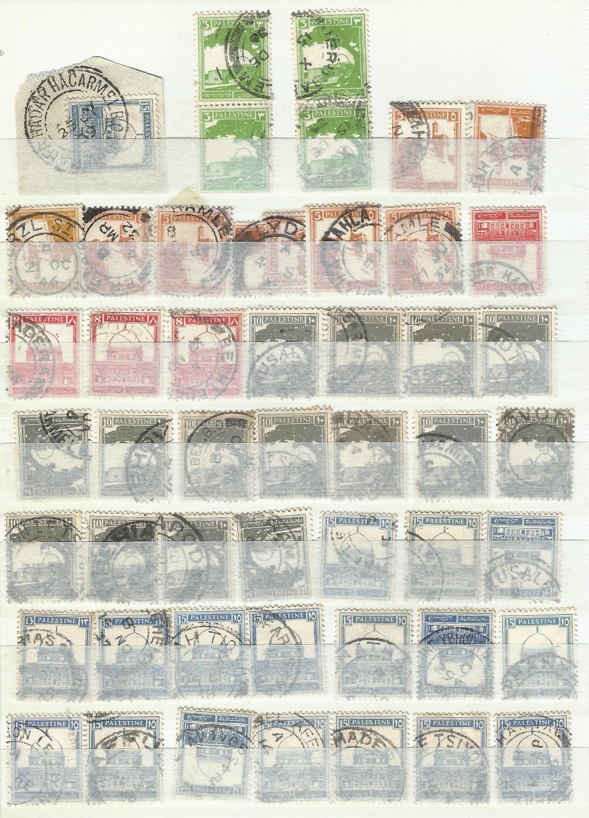 PALESTINE Lot of 151 USED STAMPS Cancels for Study, Perforations, Colors ERRORS