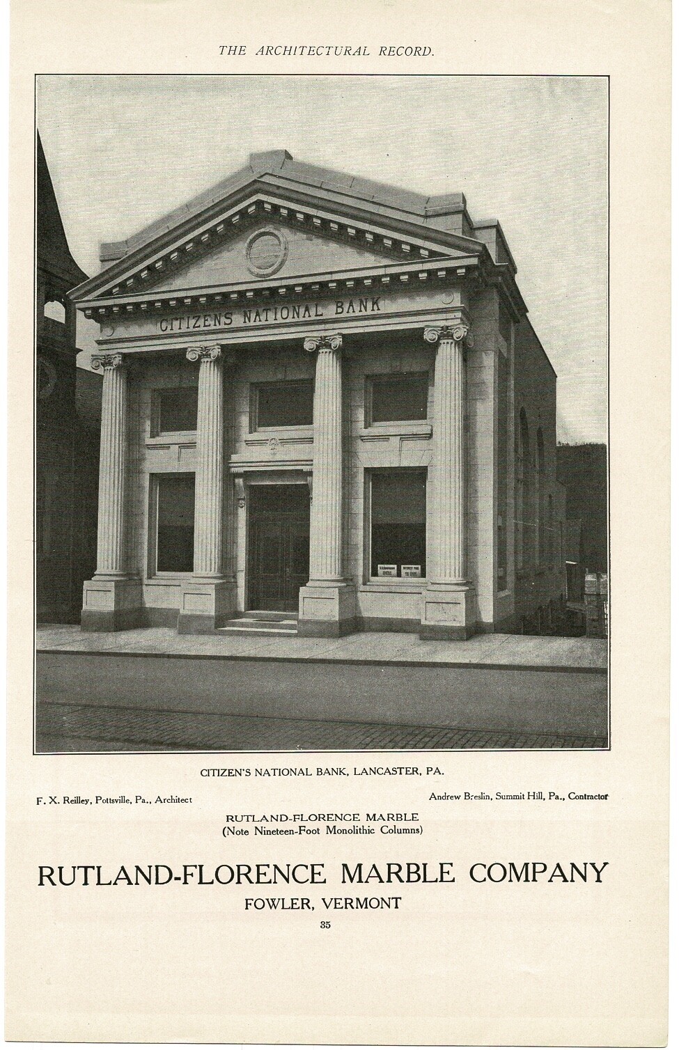 1910 Rutland-Florence Marble Co. Citizen's National Bank Lancaster PA Vintage Ad