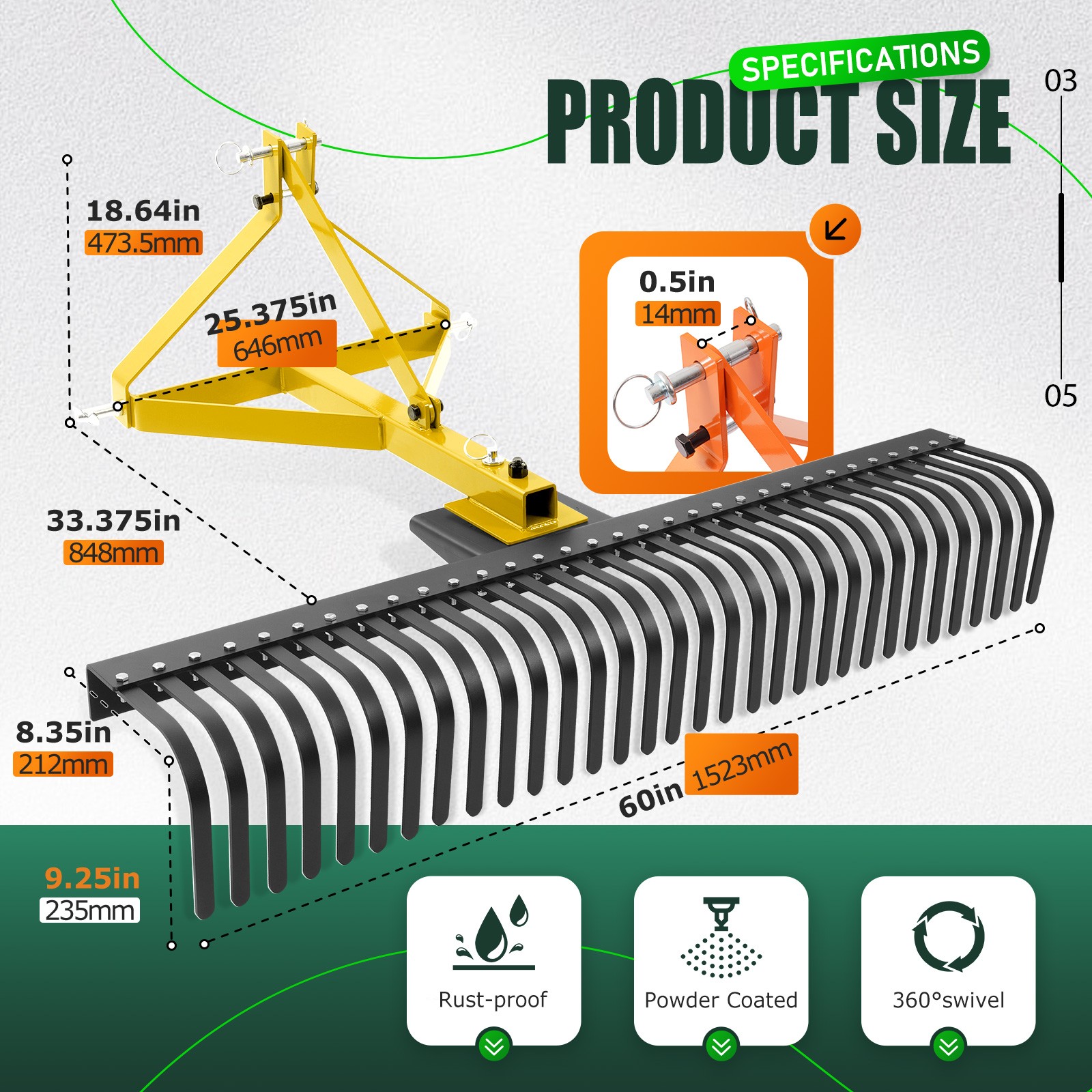 3-Point 60" 5 FT Landscape Rake For Cat 1 Tractors Attachment Soil Gravel Lawn
