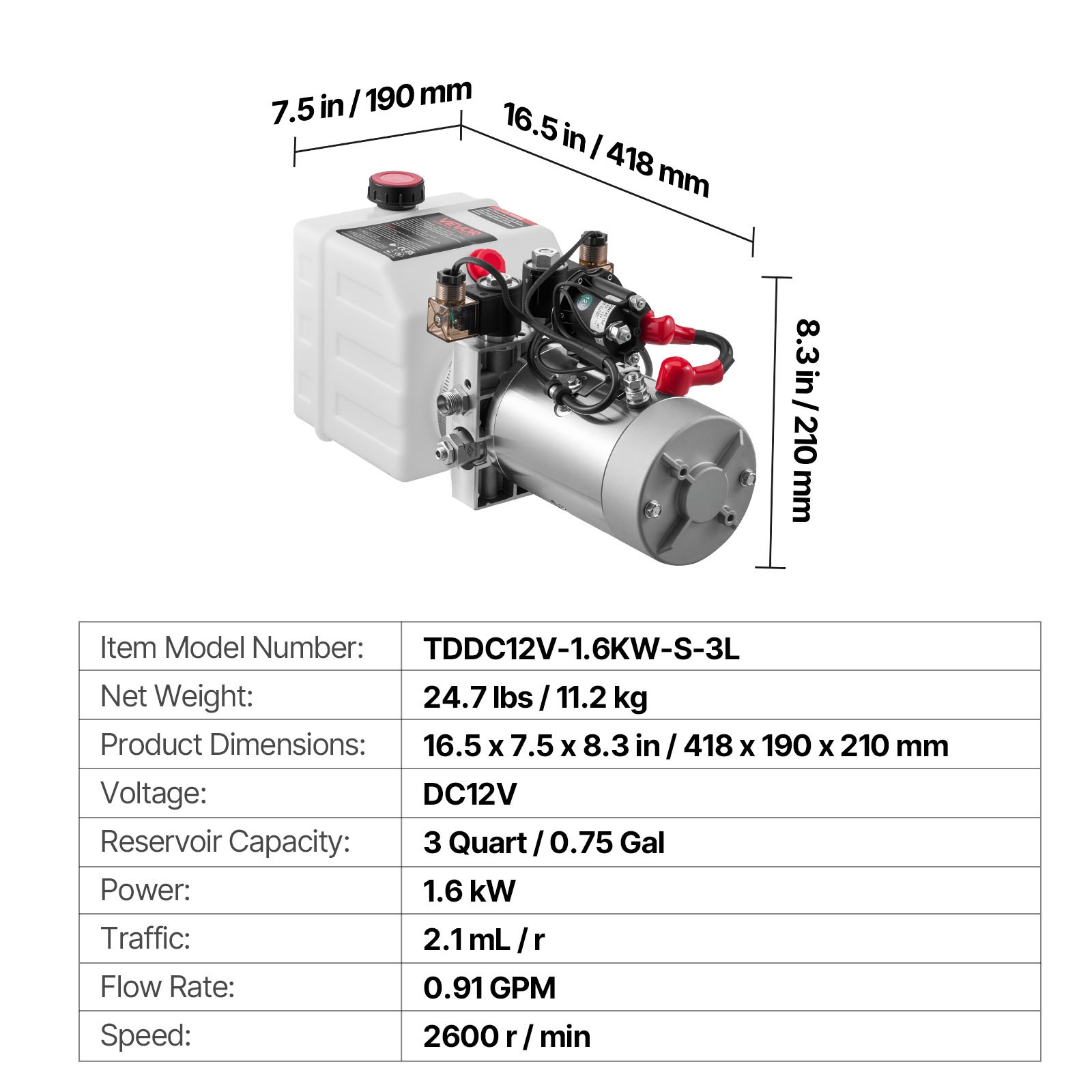 VEVOR 3 Quart Hydraulic Power Unit DC 12V Double Acting Hydraulic Pump