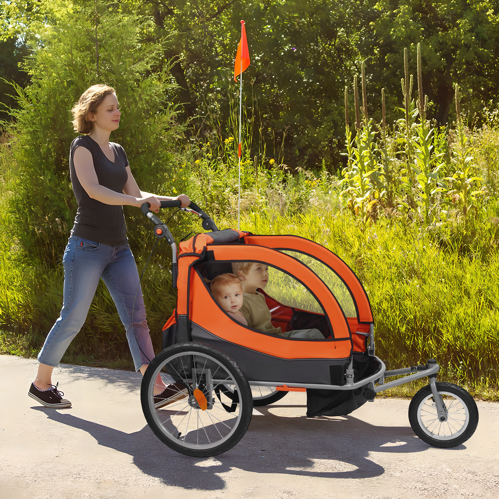 VEVOR Child Bike Trailer Foldable 2 Seater Stroller Double Kids Carrier 100 lbs