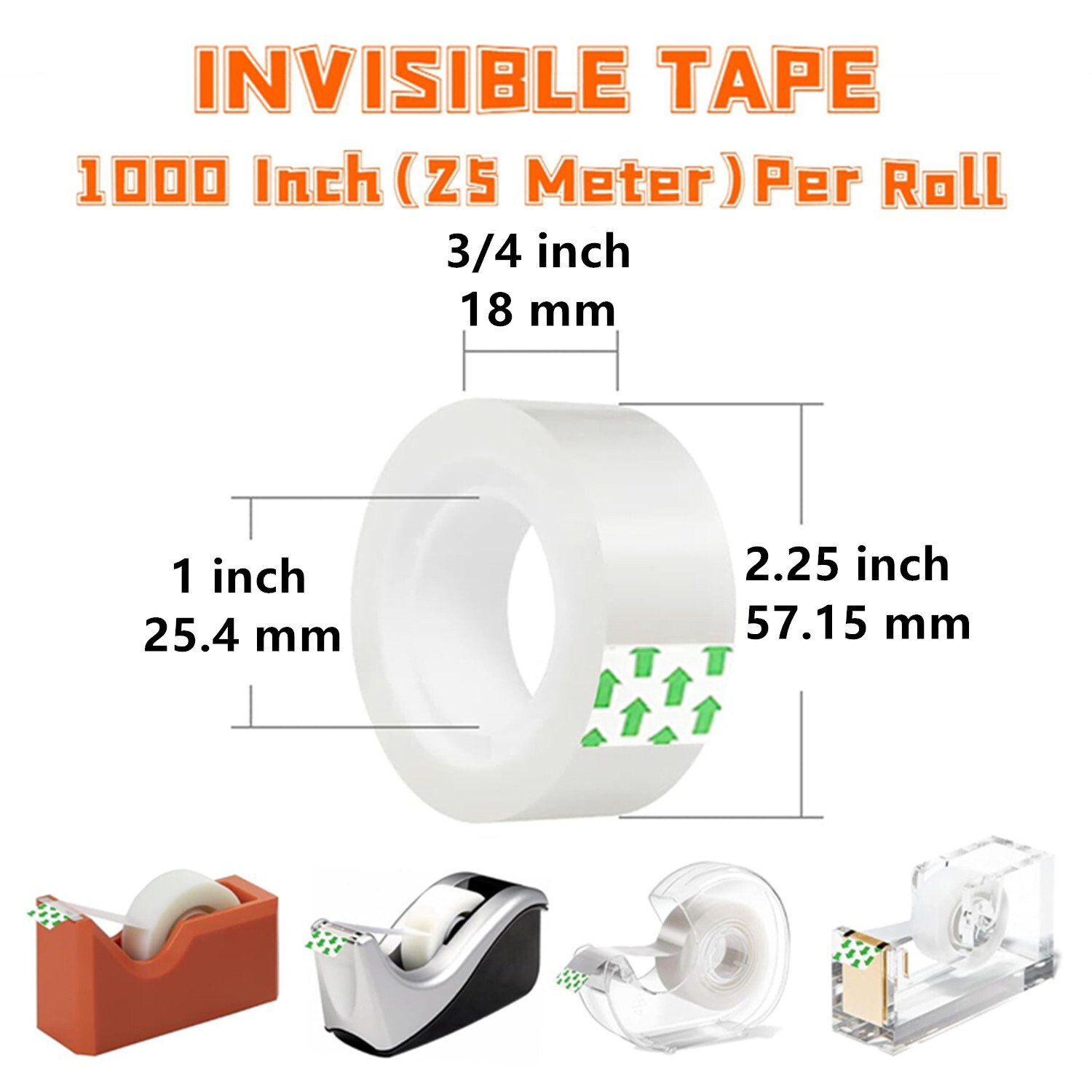 100 Rolls Crystal Small Clear Transparent Tape Dispenser Refill 3/4" x 1000"