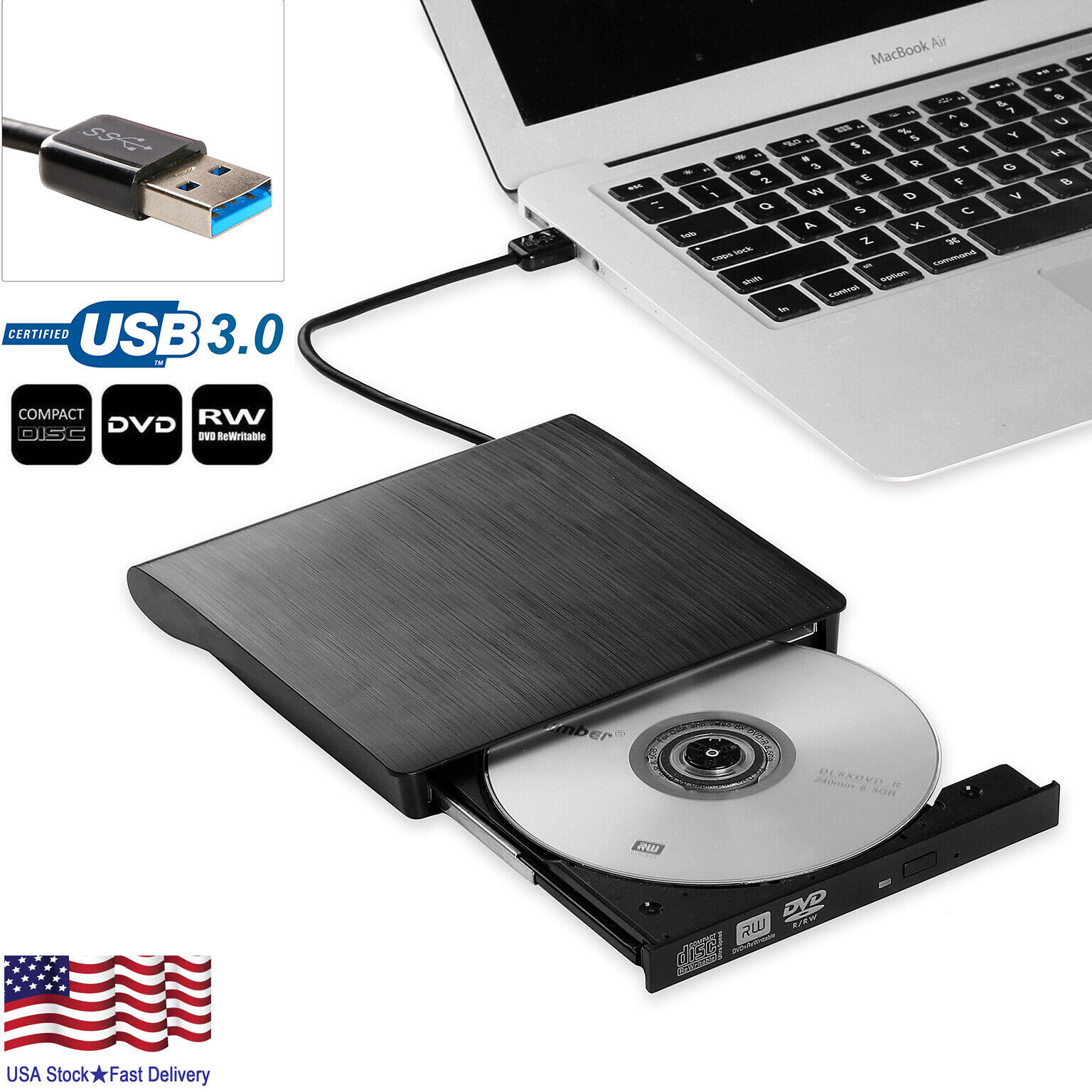 Slim Drive Disc Player External DVD Burner CD RW Writer Laptop Desktop USB 3.0