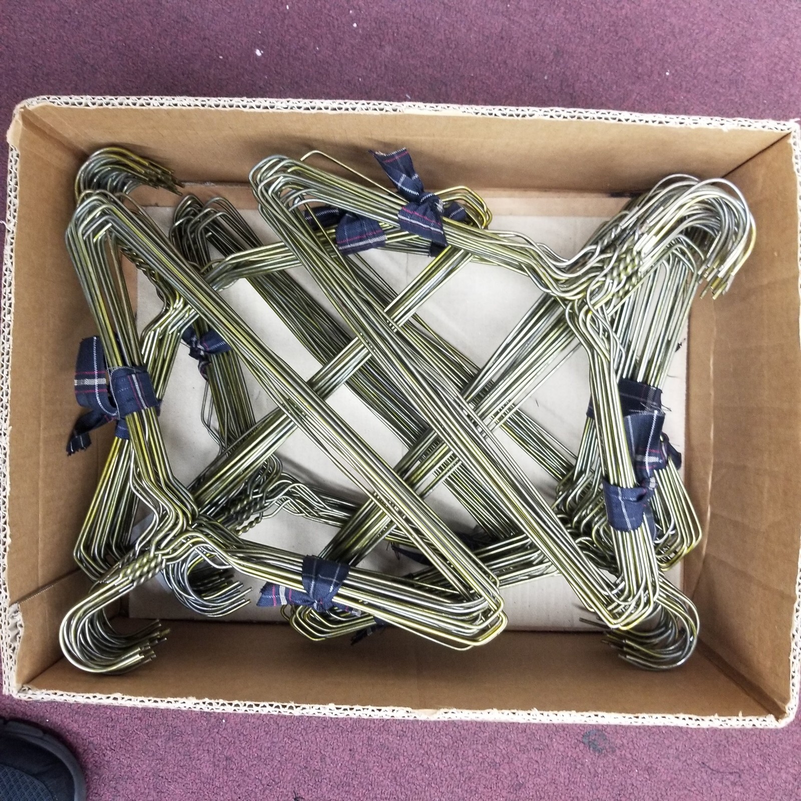 box of 300 pcs, 13 inch Metal Wire Clothes hangers, 13 gauge, gold, Used.