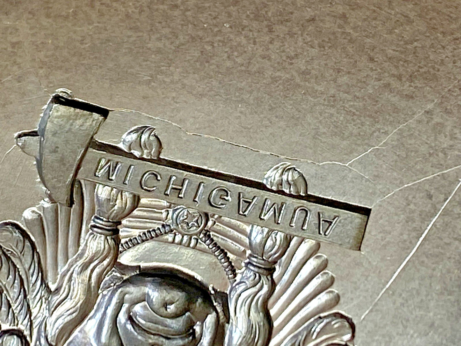 VTG Die Mold Native American Indian Chief Michigamua Tomahawk Watch Fob Medal