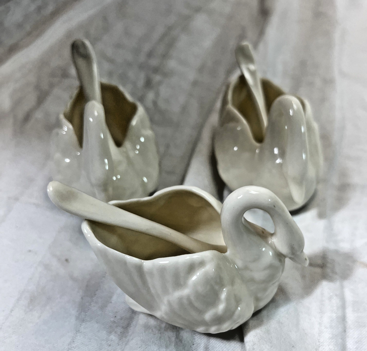 Vintage Lenox Swan Salt Cellars With Spoons Set Of 3 Off White/Cream
