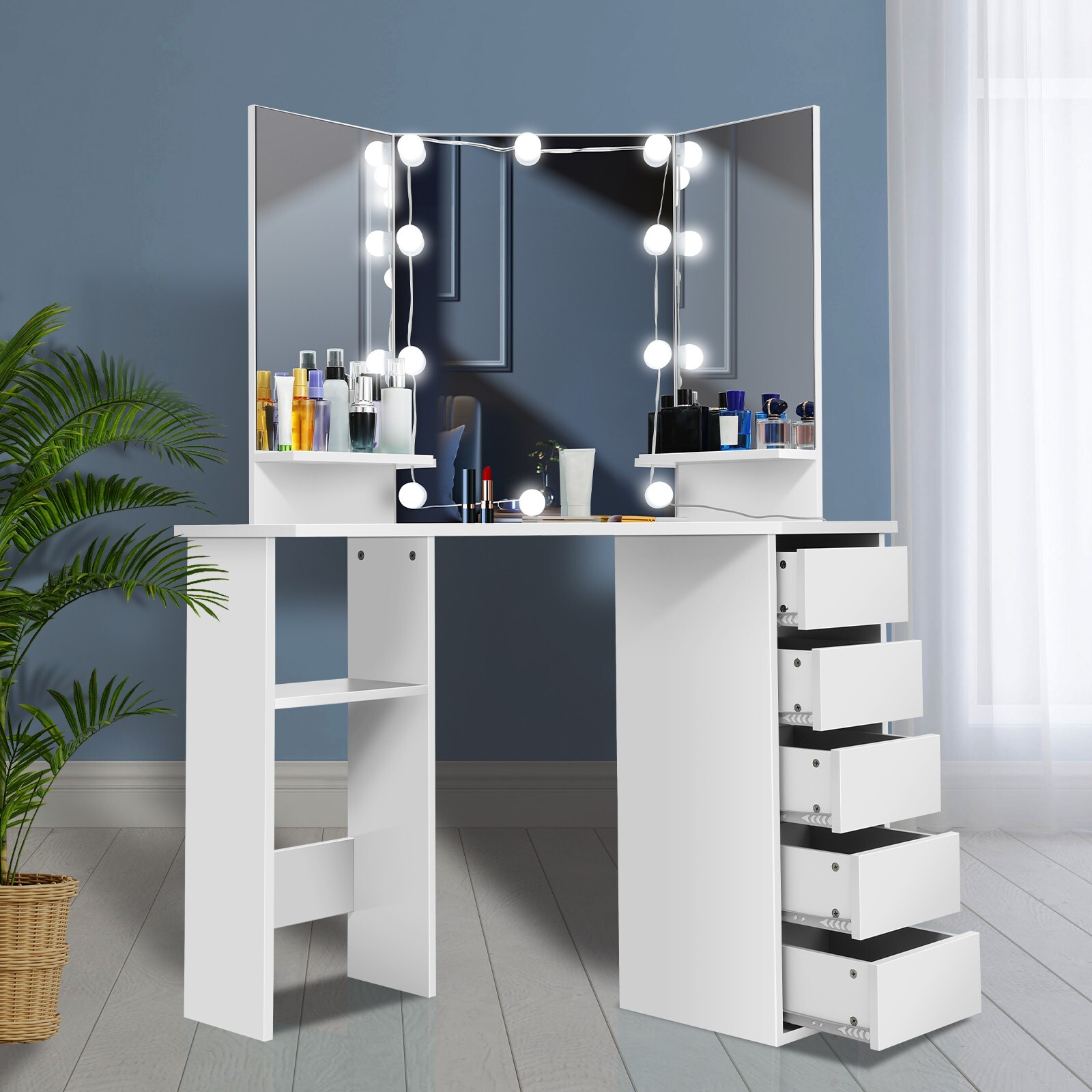 Modern Design Corner Vanity,Lighted Makeup Desk,Bedroom Makeup Table with Lights