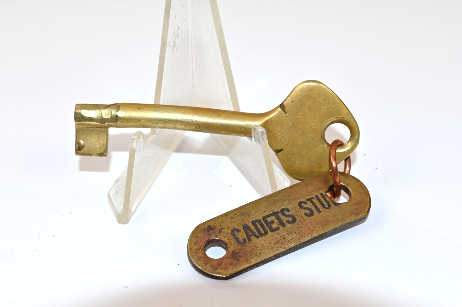 Vintage Brass Skeleton Key w/ “Cadets Stud” Tag Maritime Nautical Collectible