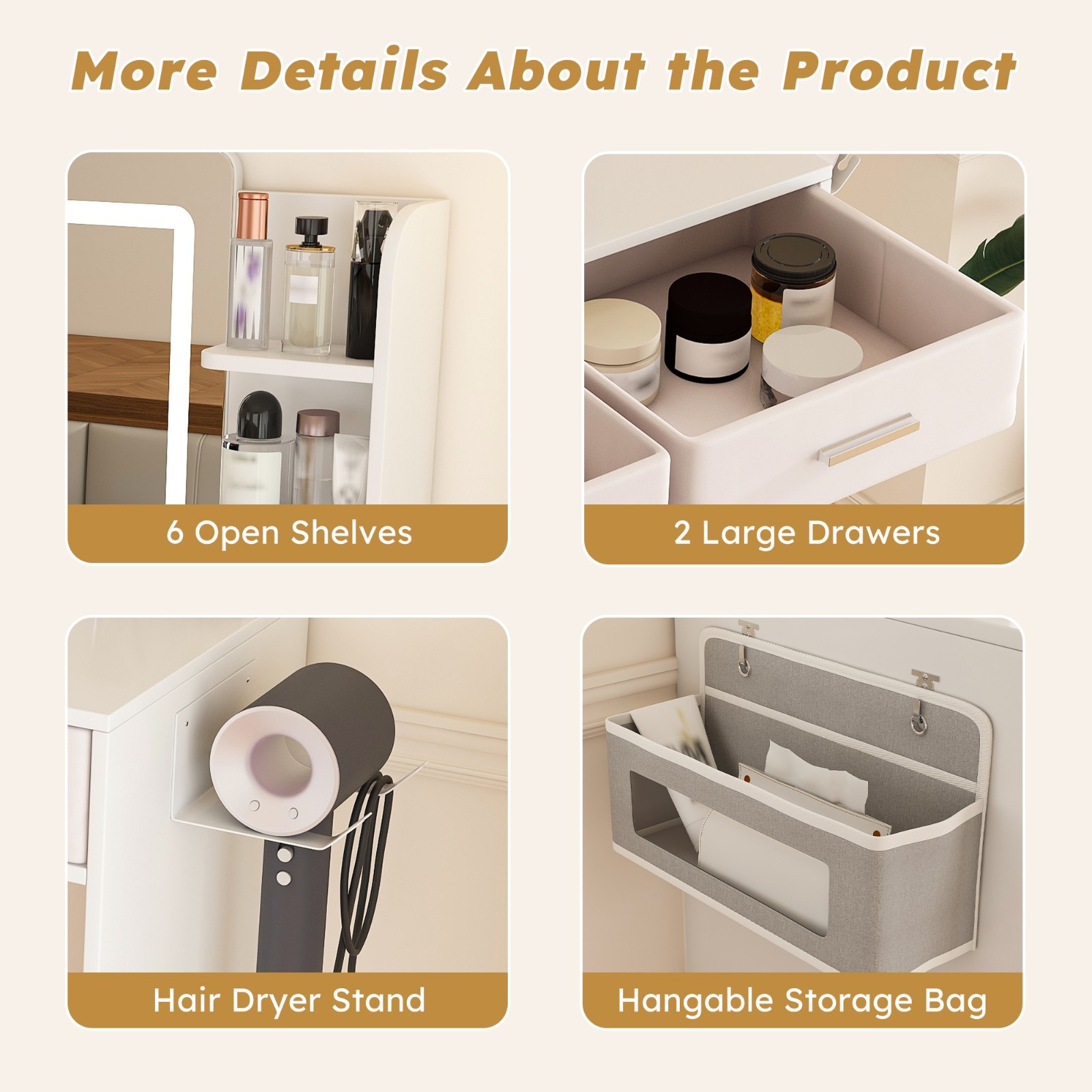 LED Mirror Vanity Dressing Table w/ Lights, 2 Large Drawers & Hair Dryer Stand