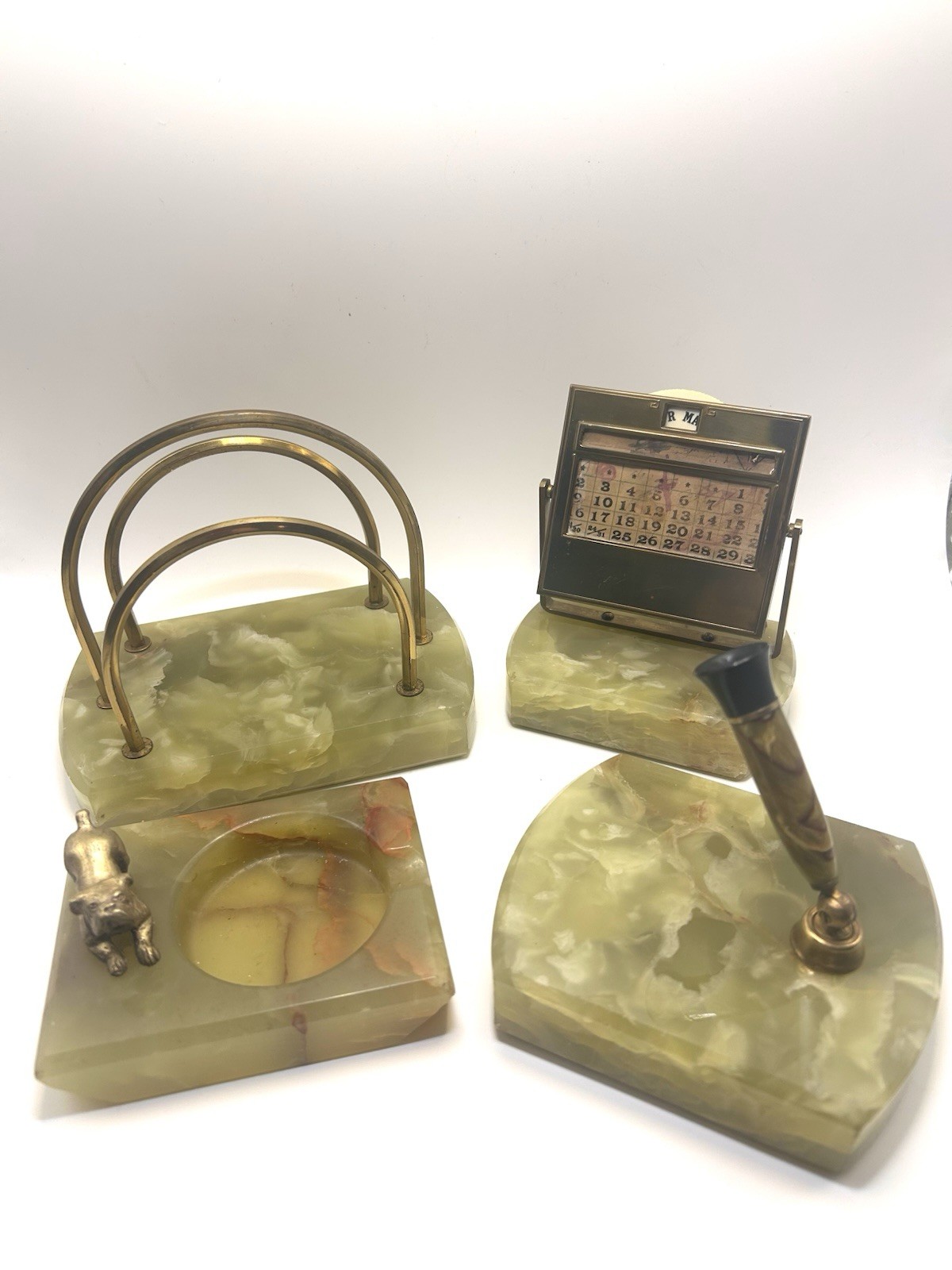Vintage Green Onyx Marble And Brass 4 Piece Desk Set