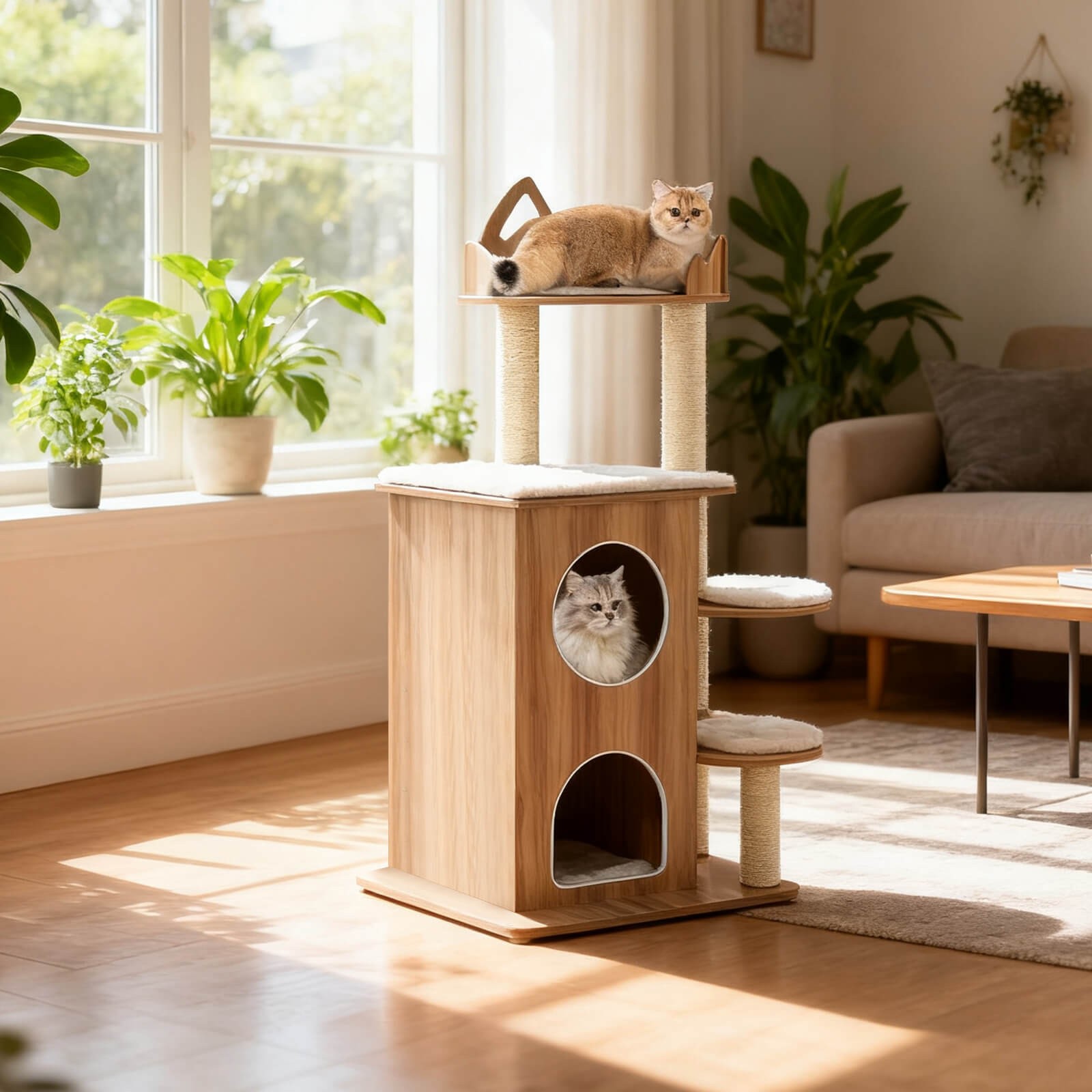 Wooden Cat Tree 48" Cat Tower for Indoor Cats w/ 2-floor Condo Cute Top Perch