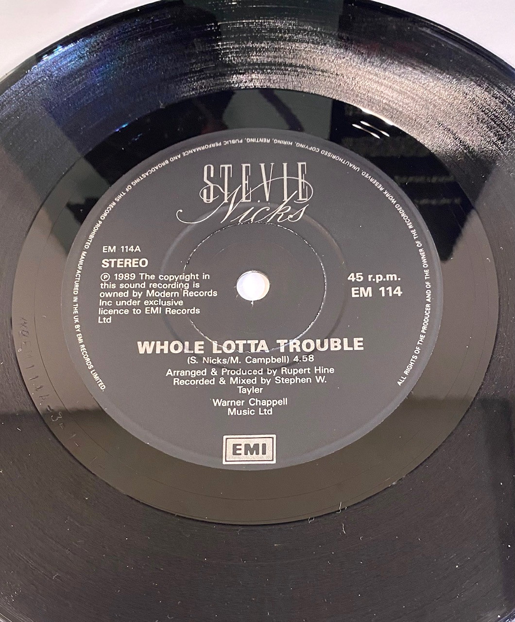 1989 Stevie Nicks Whole Lotta Trouble 45 Record Signed w/ Inscription