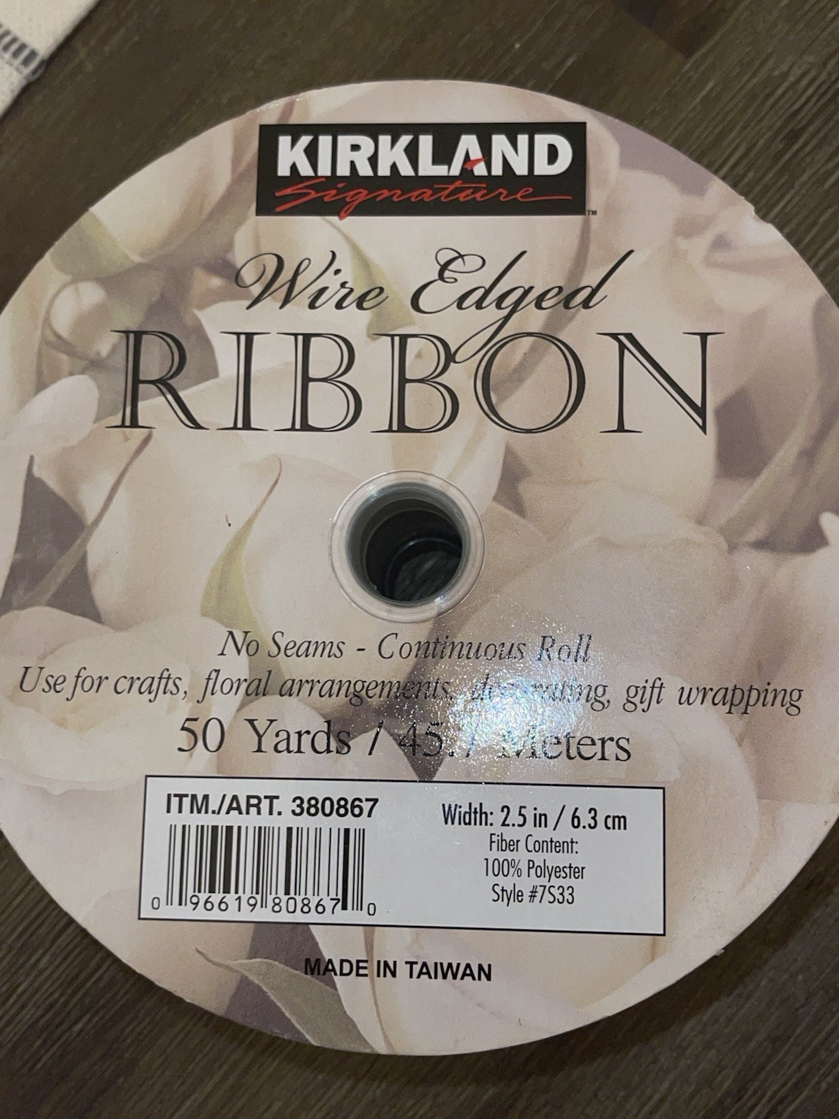 Kirkland Wire-Edged White Bridal Ribbon 2.5" Baroque Filigree Sheer Satin 50 YD