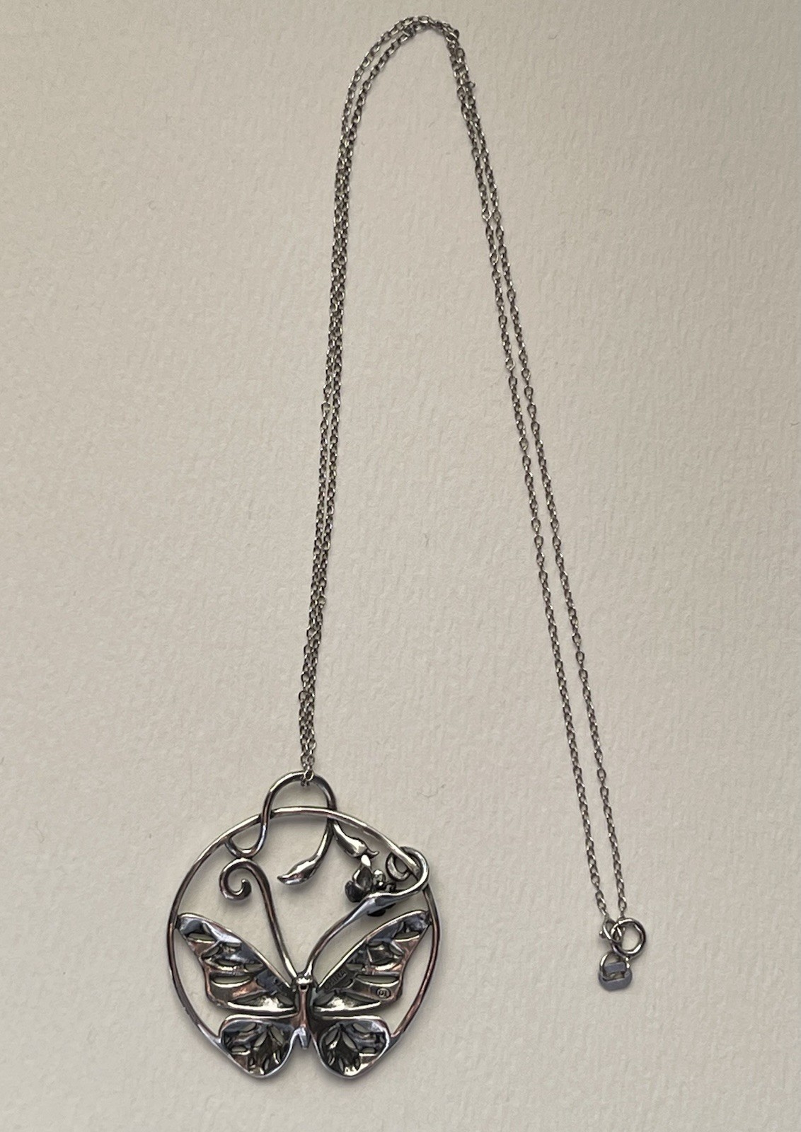 Sterling Silver Butterfly Hoop Earrings & Pendant Necklace 18” Set Signed 925 DL