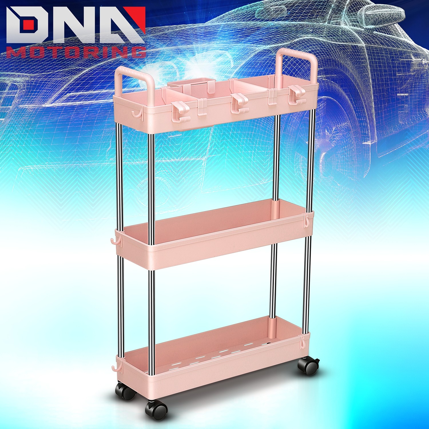 3 Tier Slim Rolling Storage Organizer Cart for Garage Warehouse Kitchen Pink