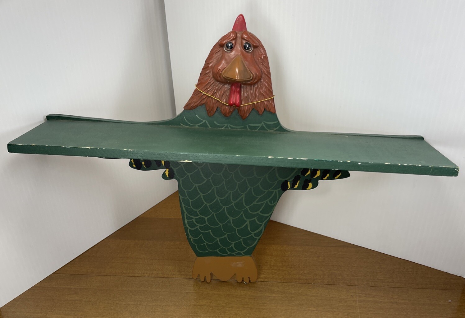 Hand Painted Hanging Shelf Vintage Green Rooster Chicken 1999 Country Folk Art