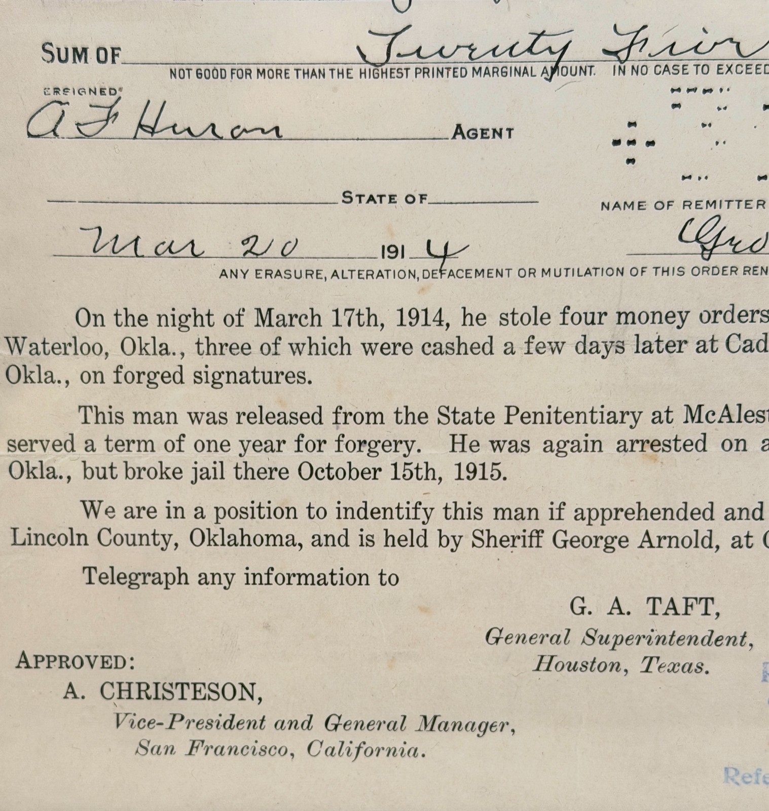 Antique Wells Fargo & Co Reward Wanted Poster Criminal Robber Western Outlaw #2