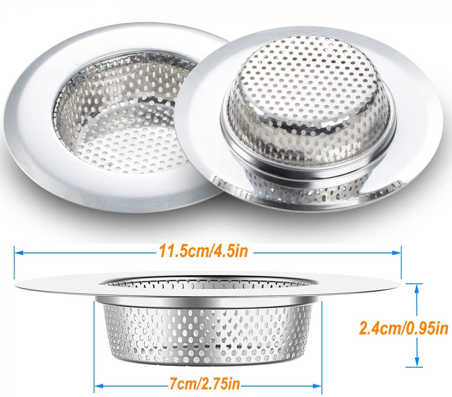 2PCS 4.5" Kitchen Bathroom Sink Strainer Stainless Steel Filter Drain Strainer