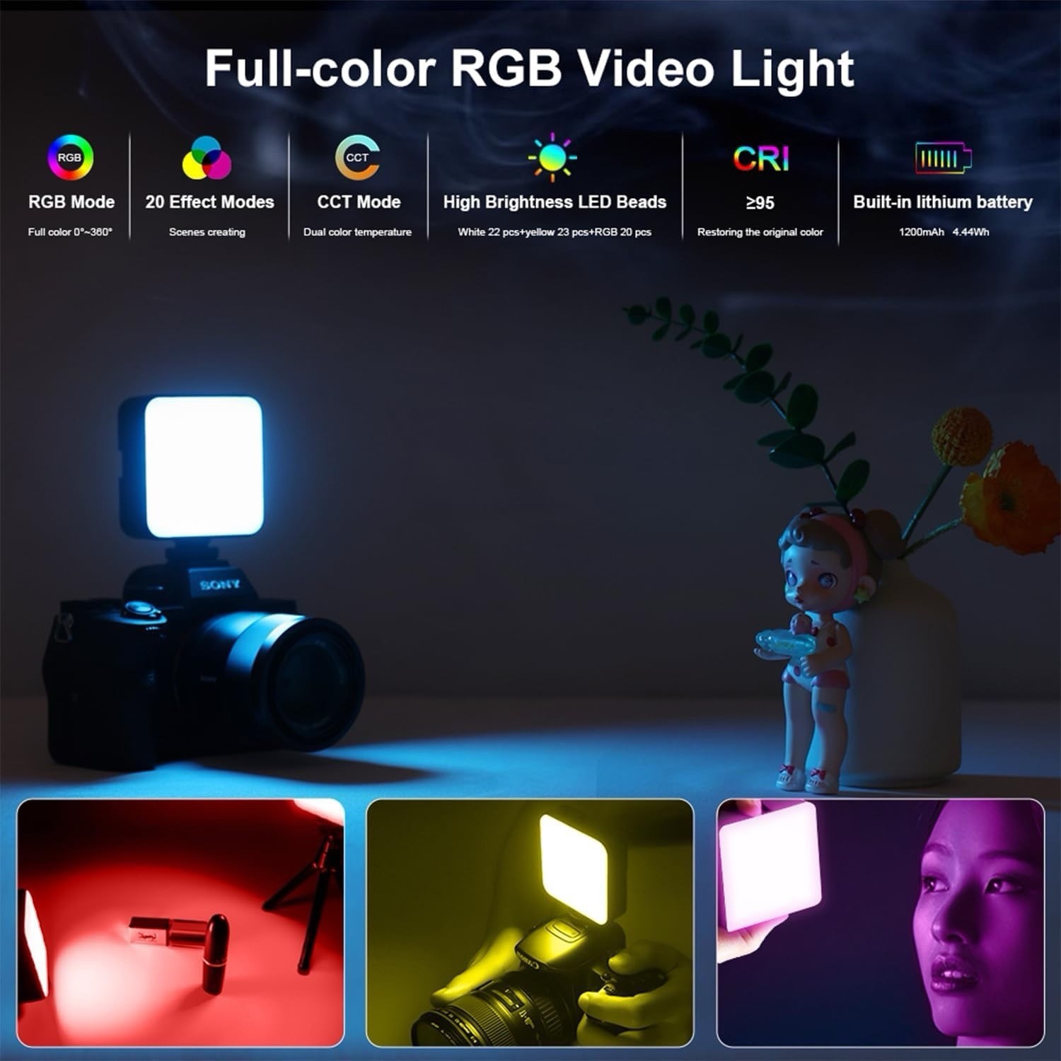 Pocket Camera Video Light RGB 2500K-9000K, Rechargeable Full Color , CRI 95