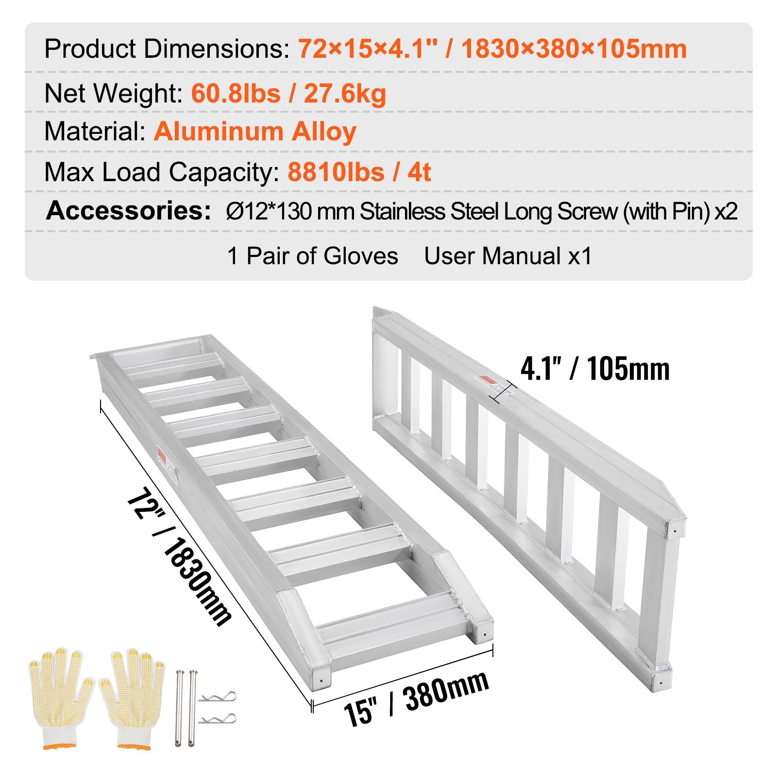 Aluminum Ramps, 8810 lbs, Heavy-duty Ramps with Top Hook Attaching End