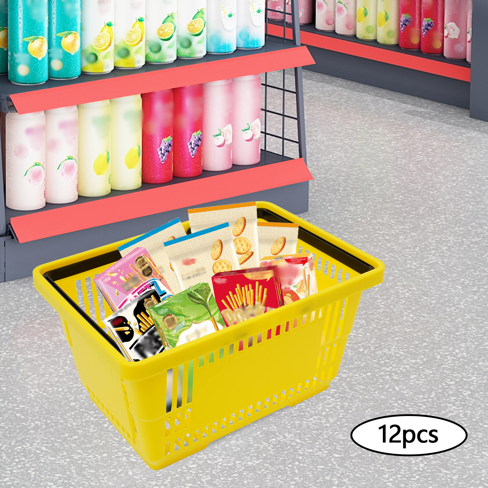 12 Packs 28L Plastic Shopping Baskets with Handles Yellow Store Retail Baskets