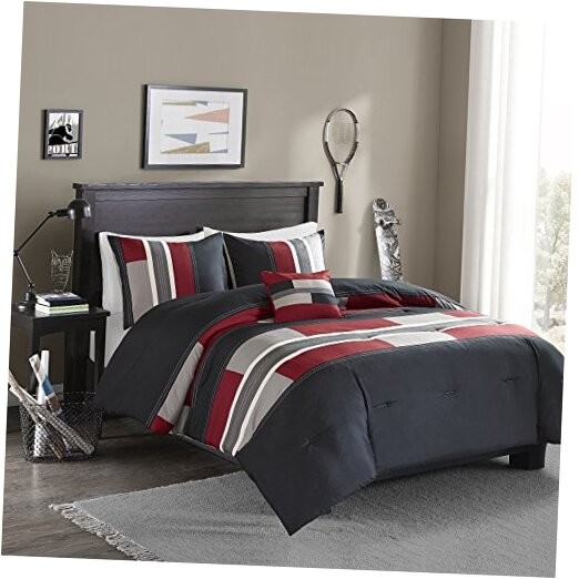 Casual Comforter Set Sporty Design, Vibrant Color, Full/Queen Stripe Black/Red
