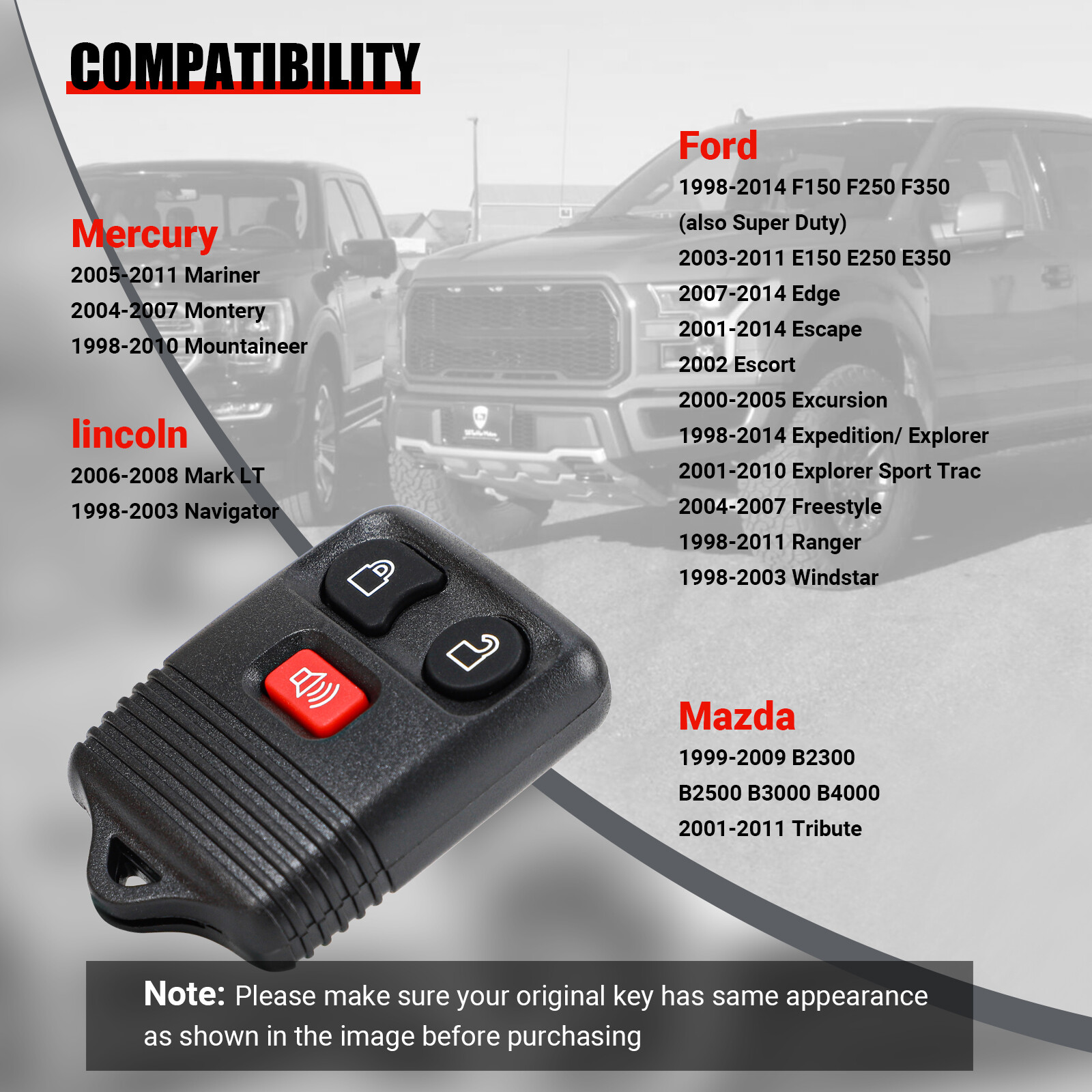 2 Remote control Car key fob for Ford F150 F250 F350 2005 2006 2007 2009 2010